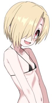 1girl bare_shoulders bikini black_bikini blonde_hair breasts earclip fang from_side hair_over_one_eye halulu highres idolmaster idolmaster_cinderella_girls loli looking_at_viewer micro_bikini navel one_eye_covered open_mouth red_eyes shirasaka_koume short_hair simple_background small_breasts smile solo swimsuit upper_body white_background