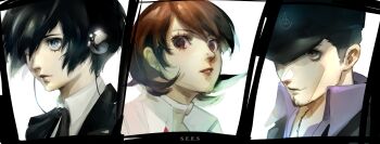 Rule 34 | 1girl, 2boys, absurdres, baseball cap, black hair, black jacket, black ribbon, blue hair, blue shirt, bow, bowtie, brown eyes, brown hair, cardigan, choker, closed mouth, collared shirt, commentary, earphones, earrings, english commentary, eyelashes, facial hair, flipped hair, hat, highres, iori junpei, jacket, jewelry, lips, looking at viewer, multiple boys, neck ribbon, necklace, parted lips, persona, persona 3, pink cardigan, portrait, red bow, red bowtie, ribbon, s.e.e.s, shirt, short hair, smoogiearts, stud earrings, takeba yukari, upper body, white choker, white shirt, yuuki makoto (persona 3)