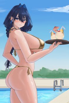 1girl absurdres alternate_costume ass bikini blue_eyes blue_hair blue_nails blue_sky blush braid breasts cloud colored_inner_hair day double-parted_bangs eipanguino fanged_bangs from_side gold_bikini golden_week hair_between_eyes hair_intakes halterneck highres holding holding_tray hololive hololive_english huge_breasts long_hair looking_at_viewer low_twin_braids multicolored_hair nail_polish official_alternate_hairstyle ouro_kronii outdoors parted_lips poolside side-tie_bikini_bottom sky solo swimsuit tray twin_braids virtual_youtuber