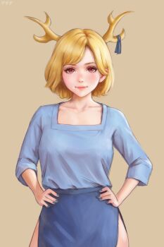 Rule 34 | 1girl, \||/, antlers, bad anatomy, blonde hair, blue nails, blue ribbon, blue shirt, blue skirt, blush, breasts, closed mouth, collarbone, contrapposto, cowboy shot, double \||/, freckles, grey background, hair behind ear, hands on own hips, highres, horn ornament, horn ribbon, horns, kicchou yachie, lips, looking at viewer, medium breasts, nail polish, pink eyes, ribbon, shirt, short hair, side slit, simple background, skirt, smile, solo, swept bangs, three-quarter sleeves, touhou, yyf (seaknight)