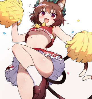 1girl animal_ears bow brown_hair cat_ears cheerleader chen chikuzen1996 dynamic_pose highres midriff open_mouth pom_pom_(cheerleading) purple_eyes short_hair skirt smile tail touhou white_background yellow_bow