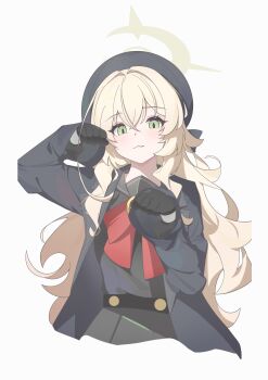 1girl :3 absurdres beret black_gloves black_hat blonde_hair blue_archive blush bow gloves green_eyes halo hat highres long_hair looking_at_viewer paw_pose professor_niyaniya_(blue_archive) red_bow sailor_collar shirt simple_background skirt smile solo very_long_hair white_background x_am yellow_halo