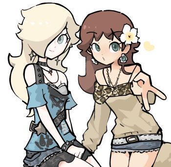 Rule 34 | 2909kjk, 2girls, alternate costume, bare shoulders, black skirt, blonde hair, blue eyes, blue shirt, blue skirt, bracelet, brown hair, brown shirt, choker, earrings, eyelashes, flower earrings, green eyes, gyaru v, hair over one eye, heart, highres, jewelry, long hair, long sleeves, mario (series), medium hair, multiple girls, nintendo, princess daisy, puckered lips, rosalina, shirt, short sleeves, skirt, spiked bracelet, spiked choker, spikes, star (symbol), star earrings, v, white background
