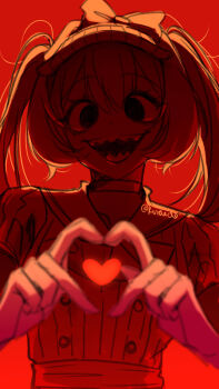 1girl bow buttons choker double-breasted double-parted_bangs evil_smile four-finger_heart_hands hashtag-only_commentary hat hat_bow hatsune_miku heart heart_hands heart_in_heart_hands highres kuraedo long_hair looking_at_viewer mesmerizer_(vocaloid) monochrome no_pupils open_mouth red_background red_theme sharp_teeth shirt simple_background smile striped_clothes striped_shirt teeth twintails upper_body vertical-striped_clothes vertical-striped_shirt vocaloid