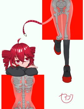 1girl absurdres ahoge bone boots colored_eyelashes crossed_arms crossed_bangs drill_hair highres kasane_teto kasane_teto_(utau) pelvis red_eyes red_hair red_nails seibutsu_(kaibu23_seibutu) skeleton solo spine standing standing_on_one_leg tail twin_drills utau x-ray_vision