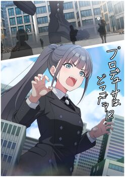 1girl absurdres amaya_tsubame black_boots black_hair black_jacket blue_eyes blue_sky boots building city cloud commentary_request day fanged_bangs gakuen_idolmaster giant giantess hatsuboshi_gakuen_school_uniform high_ponytail highres idolmaster jacket long_hair long_sleeves mole mole_under_eye open_mouth outdoors ponytail school_uniform sky toxic_pter upper_body