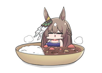 1girl :> animal_ears blue_one-piece_swimsuit blush braid breasts brown_hair chibi cleavage closed_eyes curry curry_rice food hair_between_eyes horse_ears in_food kawamochi_(kawauti919) large_breasts long_hair mini_person minigirl multicolored_hair one-piece_swimsuit parted_lips partially_submerged rice satono_diamond_(umamusume) shadow simple_background solo swimsuit triangle_mouth two-tone_hair umamusume white_background white_hair