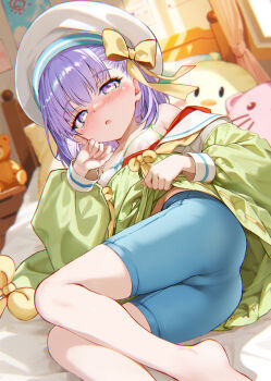 1girl ass bare_shoulders bed blue_shorts blush bow bra breasts clothes_pull commentary_request fate/grand_order fate_(series) green_kimono hair_bow hat highres hitsujibane_shinobu japanese_clothes kazuradrop_(fate) kazuradrop_(first_ascension)_(fate) kimono long_sleeves looking_at_viewer lying off_shoulder on_bed on_side open_mouth purple_eyes purple_hair sailor_collar short_hair short_kimono shorts small_breasts solo stuffed_toy tassel thighs underwear white_bra white_hat white_sailor_collar wide_sleeves yellow_bow