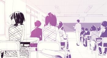 6+boys 6+girls bag chair classroom curtains desk hand_on_own_cheek hand_on_own_face indoors lecture long_hair looking_afar monochrome multiple_boys multiple_girls nakatani plaid_clothes plaid_skirt plaid_vest school school_bag school_chair school_desk school_uniform short_hair sitting skirt spot_color teacher teacher_and_student touhou usami_sumireko vest window