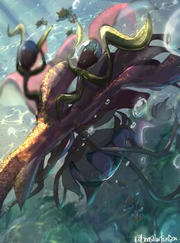 air_bubble bo_(bouillustration) bubble colored_skin dragalge dragon dragon_horns dragon_tail fish gen_6_pokemon glowing glowing_eye hat highres horns mega_dragalge mega_pokemon nintendo no_humans pokemon pokemon_(creature) pokemon_focus pokemon_legends:_z-a purple_skin sea_dragon seahorse seaweed skrelp tail twitter_username underwater witch_hat