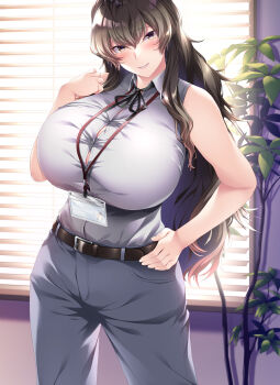1girl absurdres belt black_eyes black_hair window_blinds breasts bursting_breasts cowboy_shot dakikano dress_shirt grey_pants hair_between_eyes hand_on_own_hip highres huge_breasts impossible_clothes indoors leaf long_hair looking_at_viewer mature_female mdf_an name_tag official_art pants shirt sidelocks sleeveless sleeveless_shirt solo standing very_long_hair white_shirt window