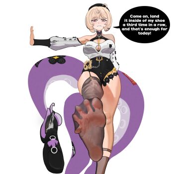 1girl absurdres asymmetrical_legwear blonde_hair cum feet garter_straps highres light_blush medium_hair mole mole_under_mouth paintcaramel parted_lips red_eyes see-through_clothes see-through_legwear shoes single_shoe soles tentacles thighhighs toes unworn_shoes yidhari_murphy zenless_zone_zero