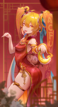 1girl :p acfun acfun_girl alicks_(pixiv_19241330) ass banana blonde_hair blurry blurry_background blurry_foreground breasts bun_cover china_dress chinese_clothes chinese_knot chinese_new_year cowboy_shot dress fai_chun flower food from_side fruit good_fortune_symbol hair_bun hair_ornament hands_on_another's_waist hands_up highres holding holding_food holding_fruit lantern lattice long_dress looking_at_viewer medium_breasts monkey paper_lantern pink_flower red_background red_dress short_hair sleeveless sleeveless_dress snake snake_wrapped_around_arm solo star_(symbol) star_hair_ornament thigh_strap tongue tongue_out yellow_eyes