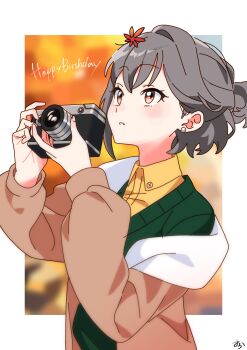 1girl bang_dream! bang_dream!_it&#039;s_mygo!!!!! border brown_eyes brown_jacket collared_shirt commentary flower green_sweater grey_hair hair_flower hair_ornament highres holding holding_weapon jacket open_mouth ora_(oraora_oekaki) outside_border shirt short_hair solo sweater takamatsu_tomori weapon white_border yellow_shirt