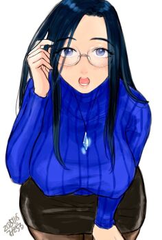1girl alternate_costume black_hair black_skirt blue_sweater blush breasts commentary_request covered_erect_nipples glasses jewelry justice_gakuen large_breasts leaning_forward long_hair looking_at_viewer mature_female minazuki_kyoko misodiru necklace open_mouth pantyhose pencil_skirt purple_eyes simple_background skirt solo sweater white_background