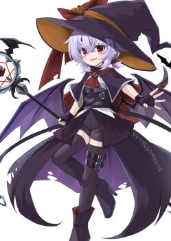 1girl akisome_hatsuka ascot bat_wings black_boots black_capelet black_gloves black_shirt black_thighhighs boots brooch capelet commentary_request fang fingerless_gloves gloves hair_between_eyes hat hat_ribbon high_heel_boots high_heels holding holding_scepter jewelry looking_at_viewer open_mouth pointy_ears ponytail purple_hair red_ascot red_eyes red_nails remilia_scarlet ribbon scepter shirt short_ponytail solo thighhighs touhou wings witch witch_hat zettai_ryouiki