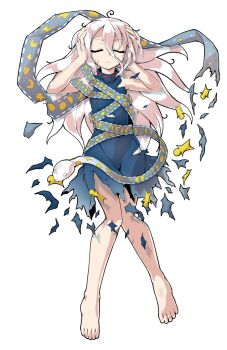 1girl alphes_(style) barefoot blue_dress commentary_request crescent dairi defeat dress eye_of_providence fossilized_wonders full_body grey_hair hair_between_eyes hands_up large_variant_set long_hair long_hair_between_eyes parody play_button ribbon_around_body sleeveless sleeveless_dress snake solo star_(symbol) style_parody tachi-e torn_clothes torn_dress touhou triangle variant_set yuiman_asama
