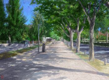 aranel blue_sky bollard commentary complutense_university_of_madrid lamppost madrid no_humans original road sidewalk sky trash_can tree