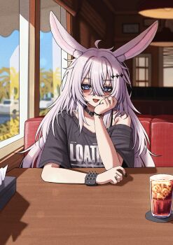 1girl :d absurdres animal_ears blue_eyes commentary commission cup english_commentary highres jewelry lobsteranian long_hair looking_at_viewer open_mouth original rabbit_ears rabbit_girl ring shirt smile solo