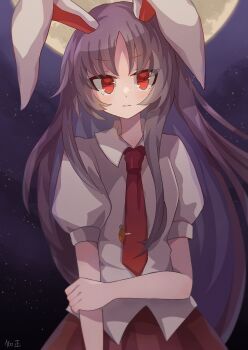 1girl :| absurdres animal_ears carrot_pin closed_mouth commentary highres holding_own_arm long_hair looking_at_viewer moon necktie night night_sky puffy_short_sleeves puffy_sleeves purple_hair rabbit_ears rabbit_girl red_eyes red_necktie red_skirt reisen_udongein_inaba shirt short_sleeves skirt sky solo straight_hair tomomasa_(coralsea23) touhou very_long_hair white_shirt