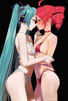 2girls absurdres ahoge artist_name bikini black_background blue_bikini blue_eyes blue_hair blush breasts choker closed_mouth commentary drill_hair english_commentary eye_contact from_side hand_on_another's_arm hand_on_another's_waist hatsune_miku headset highres kasane_teto long_hair looking_at_another multiple_girls open_mouth paid_reward_available red_bikini red_choker red_eyes red_hair short_hair simple_background small_breasts smile striped_bikini striped_clothes suiseki02 swimsuit twin_drills twintails utau very_long_hair vocaloid yuri