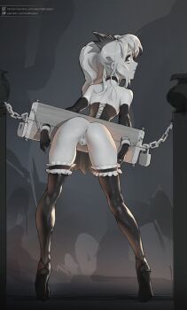 1girl aged_up anus bare_shoulders bdsm bondage bound chain choker corset cuffs elbow_gloves female_focus flat_chest frilled_thighhighs frills from_behind full_body gloves high_heels highres imminent_penetration imminent_rape indoors kneepits leaning_forward leather leather_gloves legs lock long_hair long_legs looking_back louise_francoise_le_blanc_de_la_valliere monochrome naftosaur no_panties padlock pillory platform_footwear platform_heels public_use pussy restrained slave solo thigh_gap thighhighs uncensored watermark web_address zero_no_tsukaima