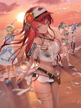 4girls animal_print apron beach belt bikini bikini_bottom_under_shorts bikini_under_clothes black_bikini blonde_hair blue_hair blurry blurry_background breasts brown_belt cleavage clothes_writing cow_print cow_print_bikini criss-cross_halter denim denim_shorts dress elf flower frayed_shorts frilled_apron frilled_bikini frilled_dress frills full_body green_eyes grey_hair grin hair_flower hair_ornament halterneck hashtag-only_commentary heart heart_o-ring heterochromia highleg highleg_bikini highres hololive hololive_fantasy houshou_marine houshou_marine_(holonatsu_paradise) karanashi_noma large_breasts leather_belt long_hair looking_at_viewer maid maid_bikini maid_headdress micro_shorts multi-strapped_bikini_top multicolored_hair multiple_girls navel o-ring o-ring_bikini ocean off_shoulder official_alternate_costume official_alternate_hairstyle outdoors platform_sandals pointy_ears print_bikini rabbit_girl red_bikini red_eyes red_hair sandals see-through_clothes see-through_shirt shiranui_flare shiranui_flare_(holonatsu_paradise) shirogane_noel shirogane_noel_(holonatsu_paradise) shirt shorts smile streaked_hair sunset swimsuit t-shirt tied_shirt twintails unconventional_maid usada_pekora usada_pekora_(holonatsu_paradise) virtual_youtuber visor_cap waist_apron white_shirt yellow_eyes