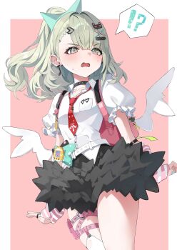 !? 1girl aqua_nails bandaid bandaid_hair_ornament black_skirt blush border breasts chinatsu_remiel collarbone cowboy_shot earrings fur-trimmed_skirt fur_trim green_eyes green_hair hair_ornament hashtag-only_commentary heart heart_hair_ornament highres jewelry kim_leeyoon multicolored_eyes multicolored_nails multiple_hair_clips multiple_rings musical_note_earrings necktie open_mouth pink_arm_warmers pink_background pink_bag pink_eyes pink_nails ponytail red_necktie ring skirt small_breasts solo sparkling_eyes spoken_interrobang striped_arm_warmers sweat white_border white_hair white_wings winged_bag wings zenless_zone_zero