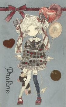 1girl acrylic_paint_(medium) ahoge arched_bangs asymmetrical_legwear balloon bat_wings bow choker closed_mouth commentary demon_horns demon_tail dress english_text expressionless frilled_shirt_collar frills full_body grey_background grey_eyes hair_bow hair_ribbon heart highres holding horns karintoun long_hair looking_at_viewer mary_janes original painting_(medium) pale_skin red_shoes ribbon shoes signature simple_background solo standing straight-on stuffed_animal stuffed_toy symbol-only_commentary tail teddy_bear thighhighs traditional_media twintails watercolor_(medium) wings