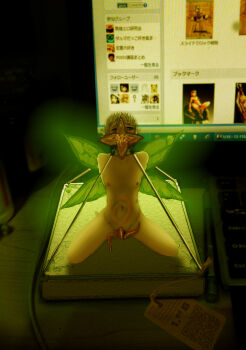 1girl all_the_way_through bdsm bondage bound breasts computer fairy female_focus flower flower_in_mouth highres ikelag indoors intestine_bulge lamp mini_person minigirl nipples nude original restrained screen small_areolae small_breasts small_nipples solo stomach_bulge tentacles wings