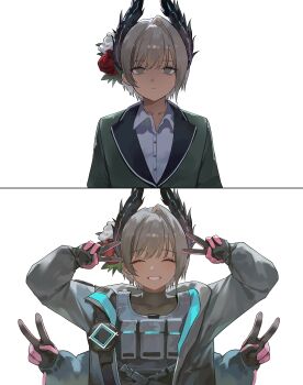 1girl absurdres alternate_costume aqua_jacket arknights arms_up asymmetrical_hair bird_girl black_gloves black_jacket closed_eyes collarbone commentary commission dark-skinned_female dark_skin expressionless extra_arms flower gloves green_jacket grey_eyes grey_hair grin hair_between_eyes hair_flower hair_ornament head_wings highres jacket jewelry load_bearing_vest looking_at_viewer multiple_views nbee_ya open_clothes open_jacket parted_lips pink_gloves quadruple_v raidian_(arknights) shirt short_hair simple_background single_hair_intake smile solo tactical_clothes tail two-sided_gloves two-tone_gloves upper_body v white_background white_shirt wings