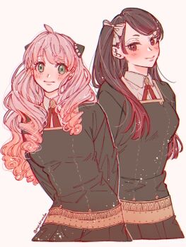 2girls aged_up anya_(spy_x_family) becky_blackbell black_dress black_hair blush dress eden_academy_school_uniform green_eyes hairband hairpods long_hair long_sleeves looking_at_viewer mochirioudon multiple_girls pink_hair school_uniform smile spy_x_family