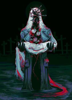 Rule 34 | 1boy, black background, black gloves, blue coat, charon (reverse:1999), coat, dog tags, facing viewer, feet out of frame, flower, gloves, highres, holding veil, knife, male focus, notebook, object head, poppy (flower), red flower, reverse:1999, riba (chelinya), solo, standing, veil, wading, water, white flower, white veil