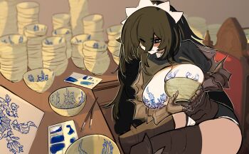 1girl absurdres armor black_eyes black_hair bodypaint bowl breasts centurii-chan commentary english_commentary executioner_maid_(centurii-chan) floral_print gauntlets hair_between_eyes highres holding long_hair maid maid_headdress original paint paintbrush solo thighhighs