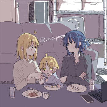 3girls aged_up ahoge alternate_hair_length_(shorter) black_shirt blonde_hair blue_hair bocchi_the_rock! child collared_shirt computer couch detached_ahoge earrings eating hair_ornament hairclip holding holding_spoon ijichi_nijika jewelry laptop long_sleeves medium_hair mole mole_under_eye mother_and_child mother_and_daughter multiple_girls parent_and_child phone ponytail red_eyes ree_(re-19) shirt short_ponytail spoon stud_earrings yamada_ryo yellow_eyes yuri
