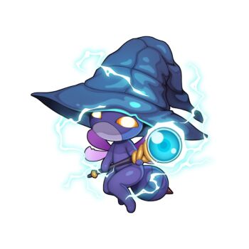 blue_hat chibi chibi_only full_body hat holding holding_staff lightning no_humans official_art ragnarok_online renire_(ragnarok_online) simple_background solo staff transparent_background witch_hat yuichirou