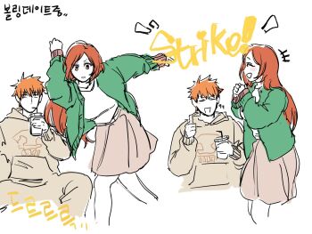 1boy 1ch16me 1girl 2025 bleach bleach:_sennen_kessen-hen bowling breasts brown_eyes drink drinking_straw happy holding holding_drink inoue_orihime jacket korean_text kurosaki_ichigo official_alternate_costume open_mouth orange_hair pants short_hair simple_background skirt spiked_hair sweater thumbs_up white_background