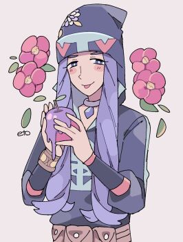 1boy :p apple arm_wrap belt blue_coat brown_belt closed_mouth coat diamond_clan_outfit flower food fruit grey_eyes highres holding holding_food holding_fruit hood hood_up hooded_jacket jacket jewelry long_hair looking_at_viewer male_focus melli_(pokemon) neck_ring nintendo pink_flower pokemon pokemon_legends:_arceus purple_hair remoooon simple_background smile solo standing tongue tongue_out upper_body white_background