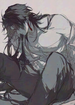 1boy ahoge bandaged_chest bare_shoulders black_hair blade_(honkai:_star_rail) earrings greyscale hair_over_one_eye highres honkai:_star_rail honkai_(series) jewelry leaning long_hair male_focus merry_(secilhodoshima) monochrome open_clothes pants partially_colored red_eyes signature single_earring sitting very_long_hair