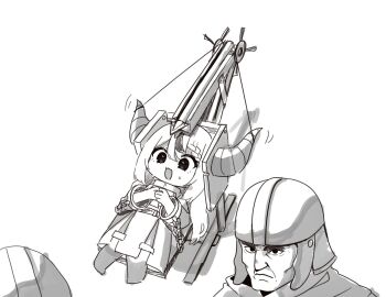 1girl 2boys aiming arrow_(projectile) black_horns braid braided_bangs collar demon_girl demon_horns helmet hololive horns huge_horns kampagiyowu la+_darknesss metal_collar multicolored_hair multiple_boys streaked_hair striped_horns virtual_youtuber weapon