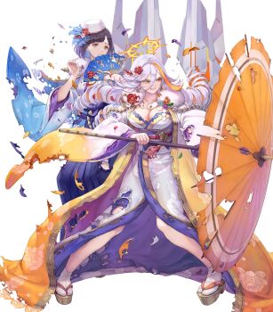2girls baldr_(fire_emblem_heroes) baldr_(new_year's_elite)_(fire_emblem_heroes) blonde_hair blue_kimono breasts cleavage clenched_teeth colored_inner_hair drill_hair earrings fire_emblem fire_emblem_heroes floral_print flower fur-trimmed_kimono fur_trim geta gradient_clothes gradient_kimono hair_flower hair_ornament halo hand_fan heterochromia highres hodr_(fire_emblem) hodr_(new_year's_elite)_(fire_emblem_heroes) japanese_clothes jewelry kimono large_breasts long_hair mechanical_wings multicolored_hair multiple_girls nintendo non-web_source official_alternate_costume official_art oil-paper_umbrella paper_fan red_eyes short_hair siblings sisters streaked_hair tabi teeth torn_clothes torn_kimono torn_umbrella umbrella very_long_hair white_hair white_kimono wings yellow_eyes yellow_kimono