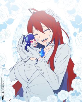 Rule 34 | 2girls, absurdres, blue fire, blue hair, breasts, cleavage, closed eyes, elizabeth rose bloodflame, fire, formal clothes, highres, holding, holding mini person, hololive, hololive english, jacket, large breasts, mini person, multicolored hair, multiple girls, nerissa ravencroft, oyomeholic (nerissa ravencroft), pawz212, red hair, shirt, suit, two-tone hair, upper body, virtual youtuber, white background, white jacket, white shirt, white suit, yuri