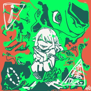 Rule 34 | 1girl, 3ma can omochi, abstract, abstract background, arm warmers, commentary, creepy eyes, disembodied eye, disembodied mouth, evil smile, green eyes, half-closed eyes, half updo, hands clasped in delight, highres, limited palette, looking at viewer, medium hair, mizuhashi parsee, nail (hardware), own hands together, palms together, pointy ears, shirt, short sleeves, sign, smile, solo, touhou, upper body, warning sign