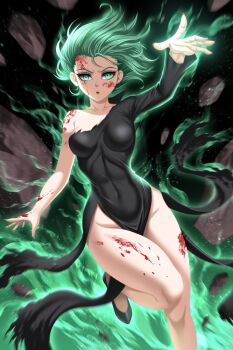 1girl aura bare_shoulders black_dress blood blood_on_face blush breasts covered_navel curly_hair curvy debris dress floating floating_clothes floating_object green_eyes green_hair highres levitation looking_at_viewer medium_breasts one-punch_man psychic side_slit standing standing_on_one_leg tatsumaki telekinesis thighs torn_clothes torn_dress wide_hips