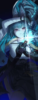 1girl 4mmmmu absurdres animal_ears aqua_jacket arm_up black_gloves black_hair black_pantyhose black_skirt blue_background breasts bright_pupils collared_shirt commentary dark_background drawing_sword fingerless_gloves fox_ears fox_girl gauntlets gloves highres holding holding_sword holding_weapon hoshimi_miyabi jacket large_breasts long_hair long_skirt looking_at_viewer orange_eyes pantyhose parted_lips scabbard sheath shirt shirt_tucked_in single_fingerless_glove single_gauntlet skirt solo sword unsheathing weapon white_pupils white_shirt zenless_zone_zero
