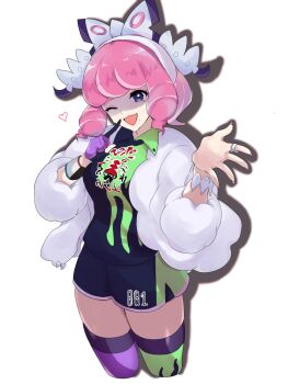 1girl bow bracelet breasts collared_shirt cropped_legs drill_hair drill_sidelocks dynamax_band eyeshadow flipped_hair fur_jacket hair_bow hairband highres jacket jewelry klara_(pokemon) large_breasts makeup medium_breasts mole mole_under_mouth nintendo nnn_owo one_eye_closed pink_eyeshadow pink_hair pink_lips pokemon pokemon_swsh print_shirt print_shorts purple_eyes ring shaded_face shirt short_hair shorts side_slit side_slit_shorts sidelocks smile solo two-tone_shirt two-tone_shorts two-tone_thighhighs white_bow white_hairband