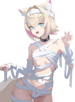 1girl absurdres alternate_costume animal_ear_fluff animal_ears bandaged_arm bandaged_chest bandaged_head bandaged_stomach bandages blonde_hair blue_eyes blush breasts claw_pose collar contrapposto crossed_bangs dog_ears dog_girl dog_tail fang hair_intakes halloween_costume highres hololive hololive_english looking_at_viewer mococo_abyssgard multicolored_hair mummy_costume naked_bandage open_mouth pink_hair pink_nails revilol short_hair simple_background small_breasts solo spiked_collar spikes stomach streaked_hair tail two-tone_hair virtual_youtuber white_background