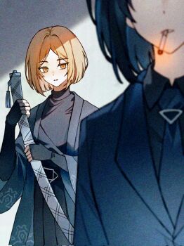 Rule 34 | 1boy, 1girl, belt, black belt, black gloves, black hakama, black pants, black shirt, blonde hair, blue coat, blue jacket, blue necktie, blunt ends, buhuaixiaoguai, cigarette, coat, commentary, corrupted twitter file, english commentary, eyes out of frame, fingerless gloves, gloves, hair intakes, hakama, hakama pants, head out of frame, highres, holding, holding sheath, jacket, japanese clothes, lapels, limbus company, long sleeves, looking at another, looking to the side, necktie, open clothes, open coat, pants, parted bangs, parted lips, pinky (identity) (project moon), project moon, ryoshu (project moon), sheath, shirt, short hair, sidelocks, sinclair (project moon), smoking, static, suit jacket, sword tassel, tassel, tie clip, turtleneck, weapon, weapon tassel, wide sleeves, yellow eyes