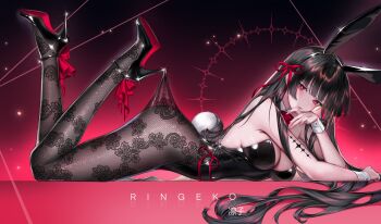 1girl absurdres alternate_costume animal_ear_hairband animal_ears artist_name ass bare_shoulders black_hair black_leotard black_pantyhose black_shoes blunt_bangs breasts chisa_(wuthering_waves) cleavage closed_mouth commentary english_text fake_animal_ears fake_tail footwear_ribbon from_side gradient_background hair_ribbon hairband high_heels highres hooked_on_heel lace lace_pantyhose lace_pantyhose_hooked_on_heel_(meme) leotard long_hair looking_at_viewer medium_breasts meme pantyhose pink_background playboy_bunny rabbit_ear_hairband rabbit_ears rabbit_tail red_eyes red_ribbon revision ribbon ringeko-chan shoes solo strapless strapless_leotard tacet_mark_(wuthering_waves) tail variant_set very_long_hair wrist_cuffs wuthering_waves