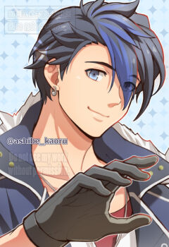 Rule 34 | 1boy, ashibe-kaoru, black gloves, blue coat, blue hair, closed mouth, coat, commentary request, dog tags, eiyuu densetsu, gloves, kai no kiseki, kuro no kiseki (series), looking at viewer, multicolored hair, piercing, portrait, shirt, short hair, simple background, two-tone hair, van arkride, white shirt